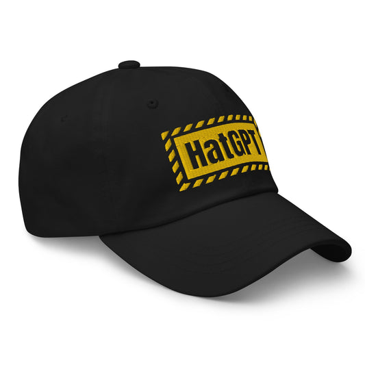 Product mockup photo of the HatGPT Warning Cap.