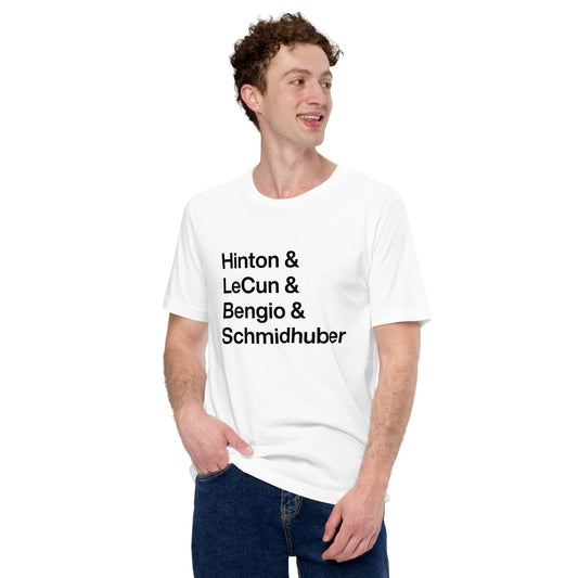 Image of the Hinton LeCun Bengio Schmidhuber T-Shirt 2 (unisex).