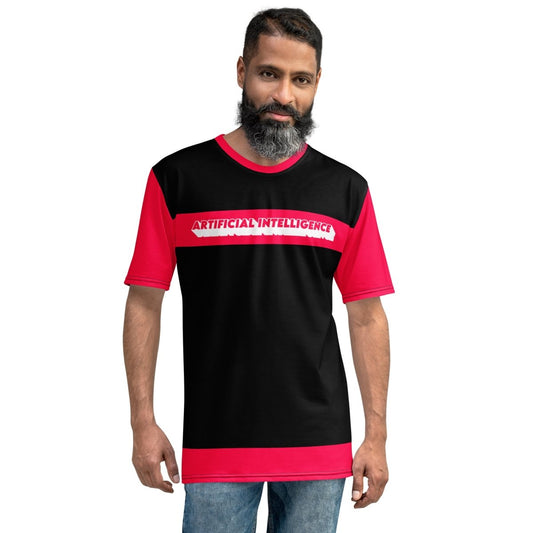 Product mockup photo of the Hot Pink and Black Artificial Intelligence T Shirt (men).