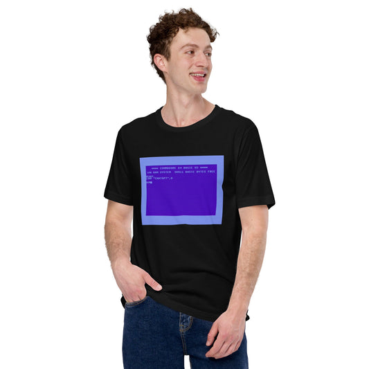 Product mockup photo of the How to Run ChatGPT on a Commodore 64 T Shirt (unisex).