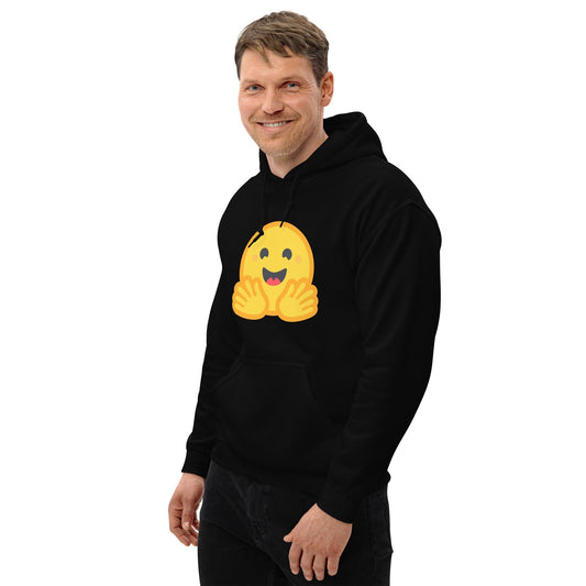 Product mockup photo of the Hugging Face Hoodie (unisex).