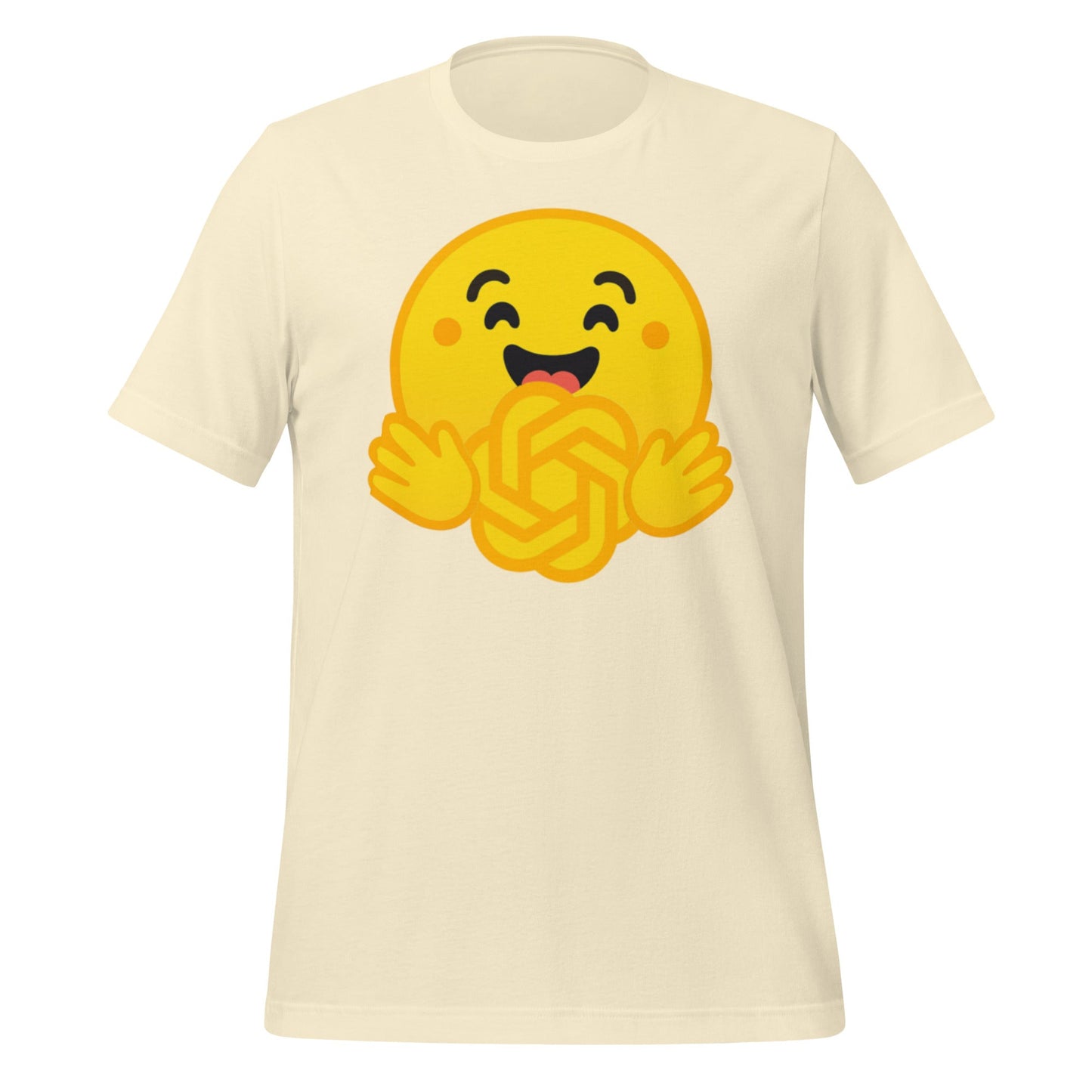 Product mockup photo of the Hugging Face Hugging OpenAI T Shirt (unisex) Natural / M.