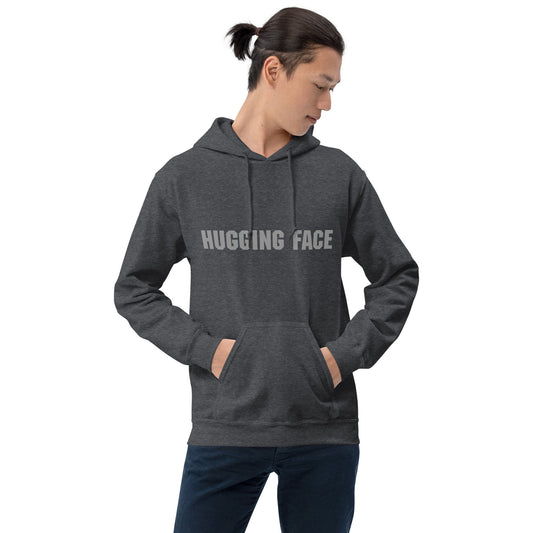 Product mockup photo of the Hugging Face in Gray Hoodie (unisex).
