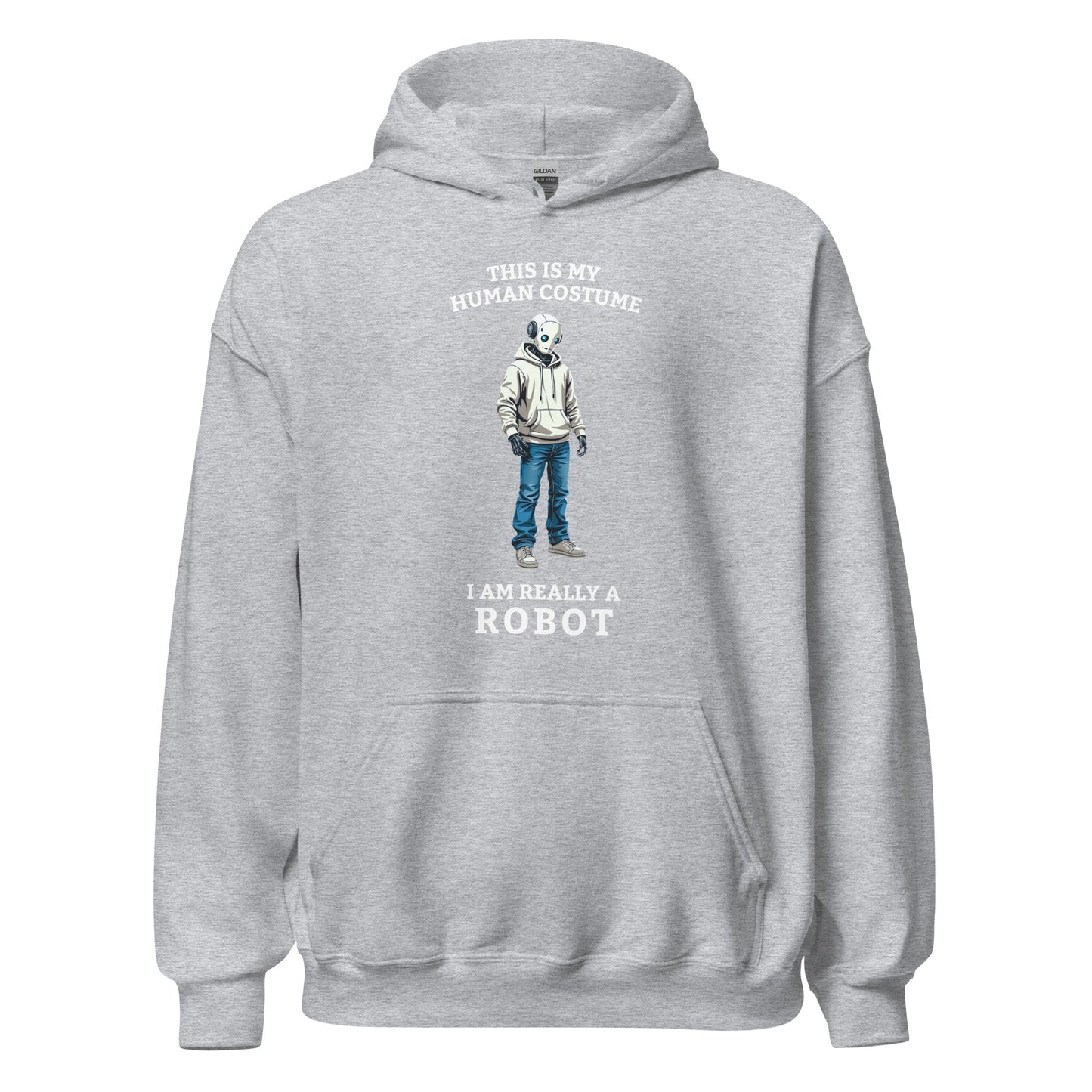 Product mockup photo of the Human Costume Robot Hoodie 3 (unisex) Sport Grey / M.