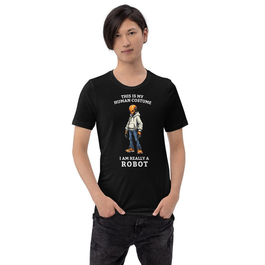 Product mockup photo of the Human Costume Robot T Shirt 2 (unisex).