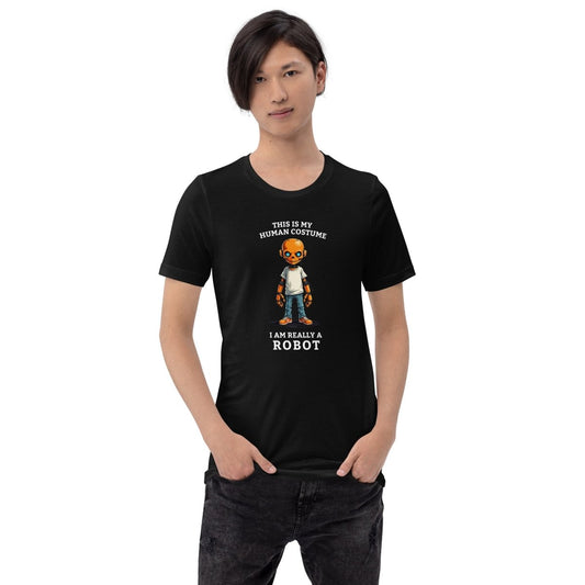 Product mockup photo of the Human Costume Robot T Shirt (unisex).