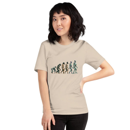 Product mockup photo of the Human Evolution to Robot T Shirt 2 (unisex).