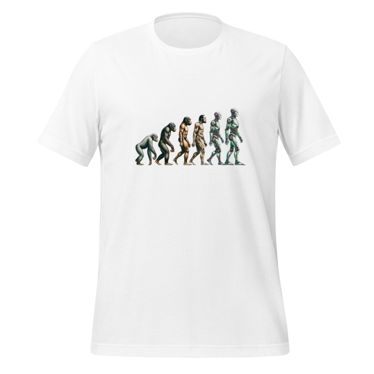 Product mockup photo of the Human Evolution to Robot T Shirt 2 (unisex) White / M.