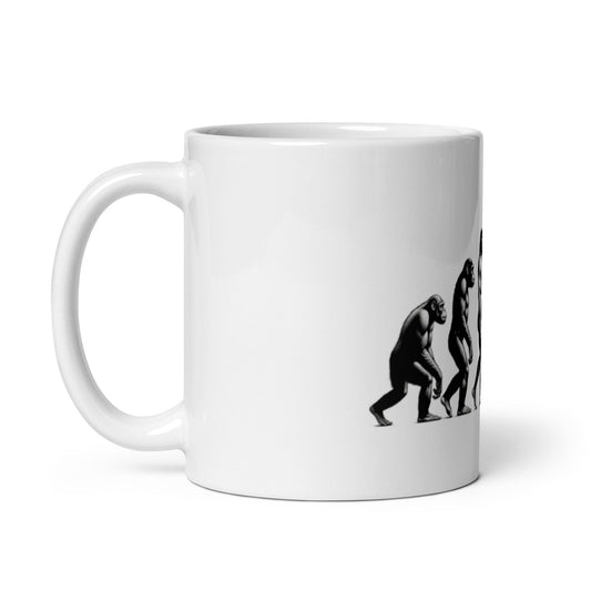 Product mockup photo of the Human Evolution to Robot White Glossy Mug.