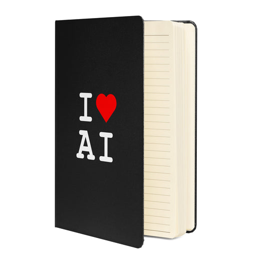 Product mockup photo of the I Heart AI Hardcover Bound Notebook 1.