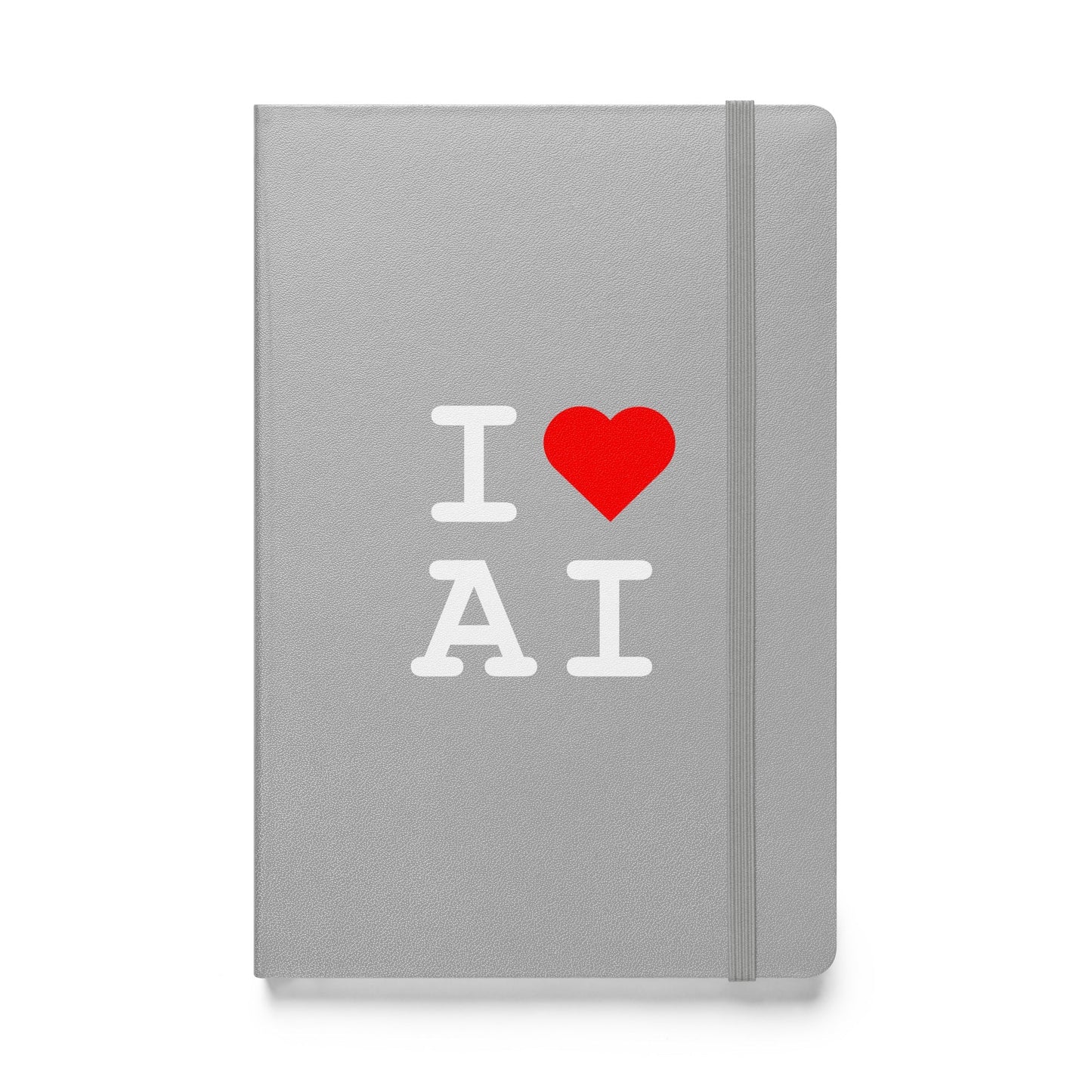 Product mockup photo of the I Heart AI Hardcover Bound Notebook 1 Silver.