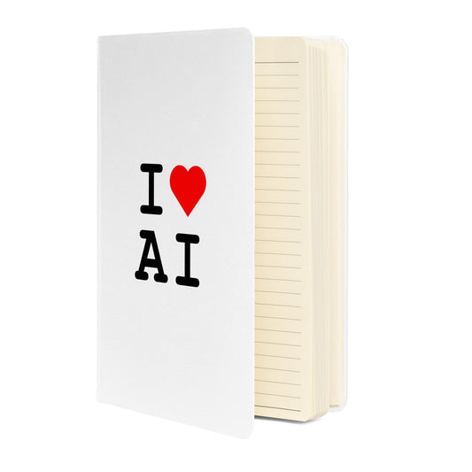 Product mockup photo of the I Heart AI Hardcover Bound Notebook 2.