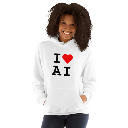 Product mockup photo of the I Heart AI Hoodie 2 (unisex).