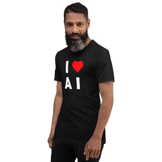 Product mockup photo of the I Heart AI T Shirt 3 (unisex).