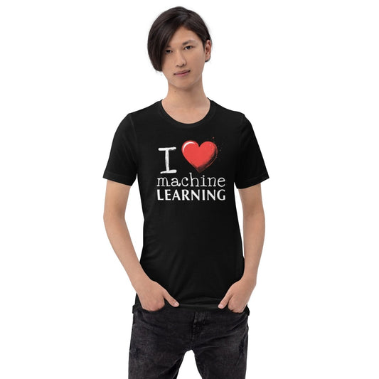 Product mockup photo of the I Heart Machine Learning T Shirt (unisex).