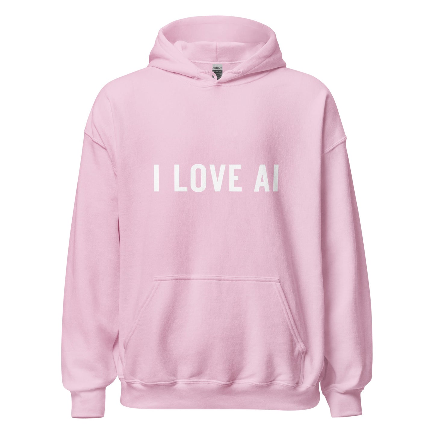 Product mockup photo of the I LOVE AI Hoodie 2 (unisex) Light Pink / M.