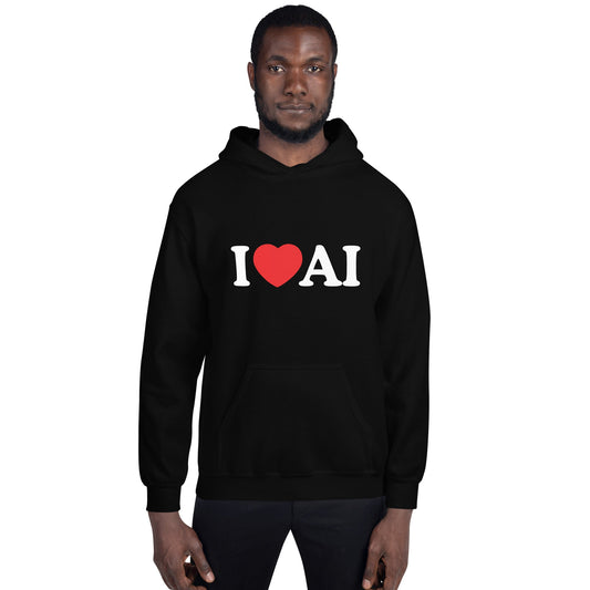 Product mockup photo of the I Love AI Hoodie (unisex).