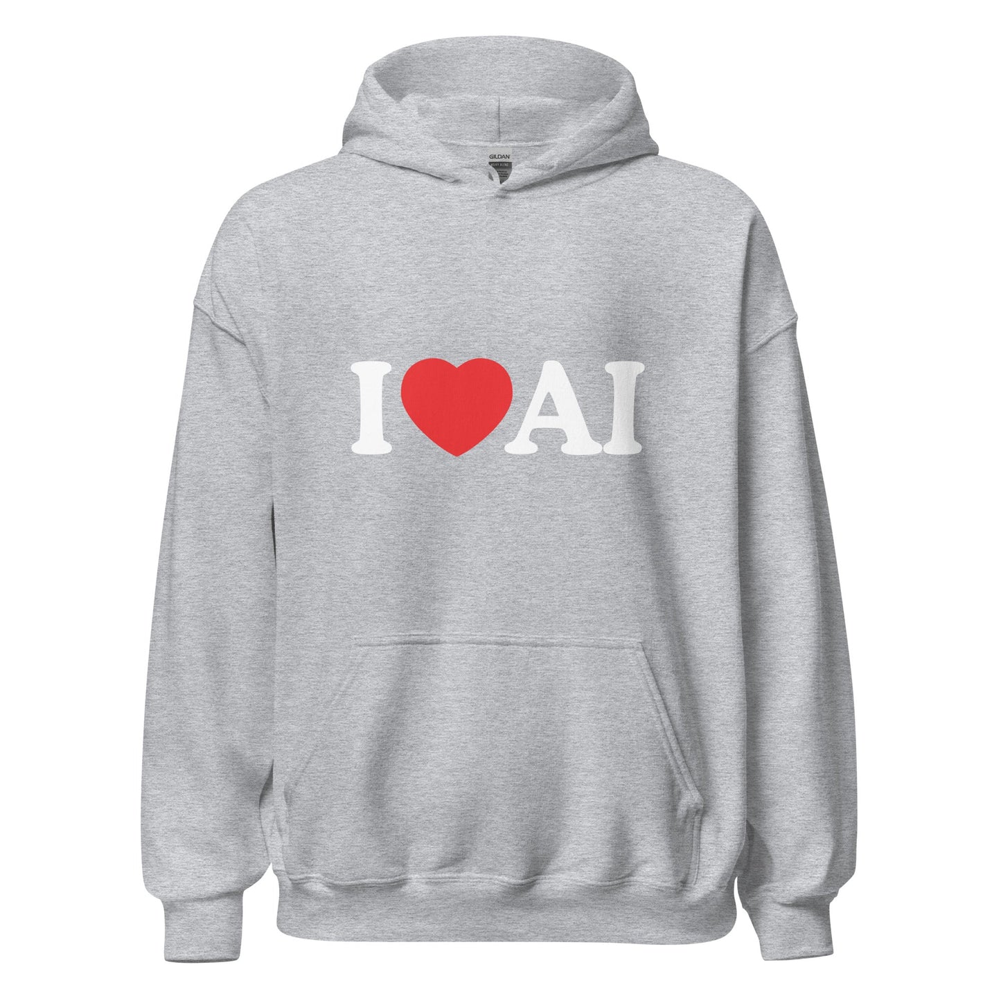 Product mockup photo of the I Love AI Hoodie (unisex) Sport Grey / M.