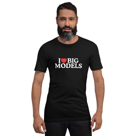 Product mockup photo of the I Love Big Models T Shirt (unisex).