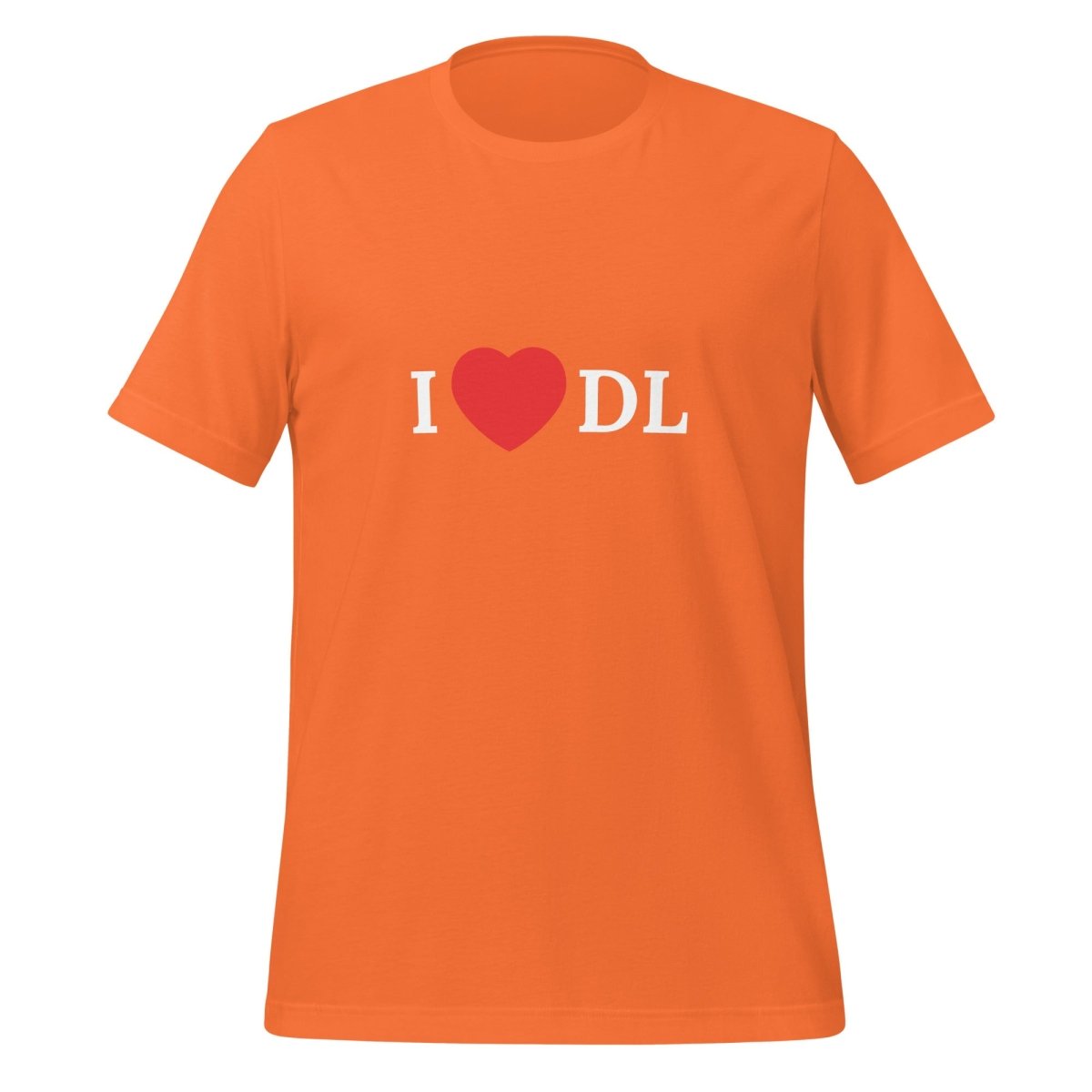 Product mockup photo of the I Love DL (Deep Learning) T Shirt (unisex) Orange / M.