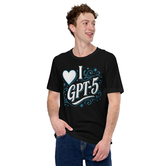 Product mockup photo of the I Love GPT 5 T Shirt (unisex).