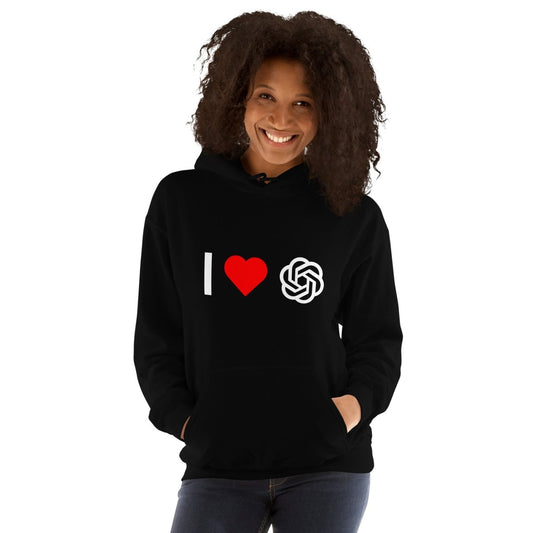 Image of the I Love OpenAI Hoodie (unisex).