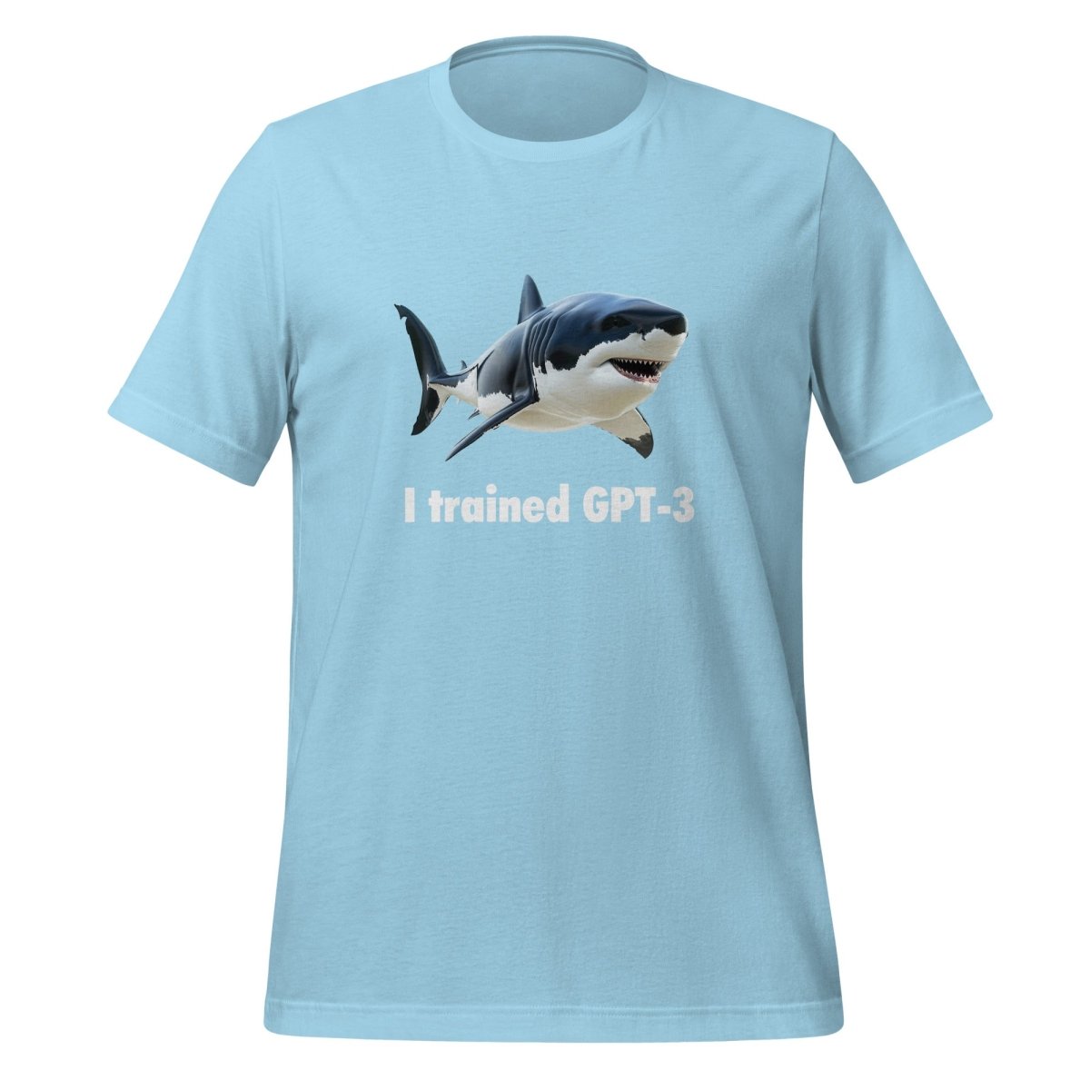 Product mockup photo of the I trained GPT 3 T Shirt (unisex) Ocean Blue / M.