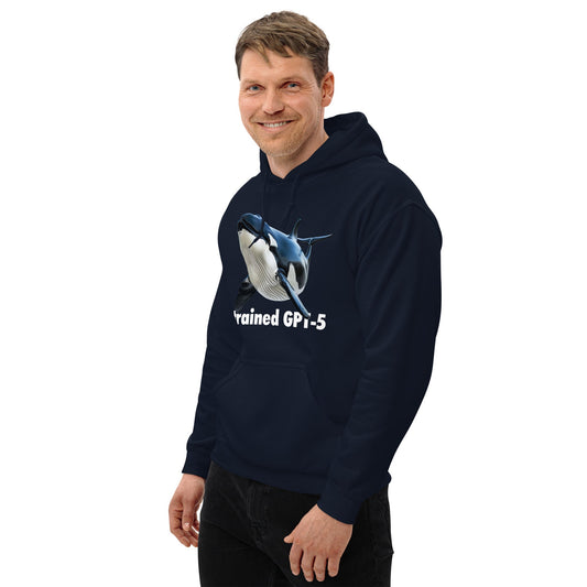 Product mockup photo of the I trained GPT 5 Hoodie (unisex).