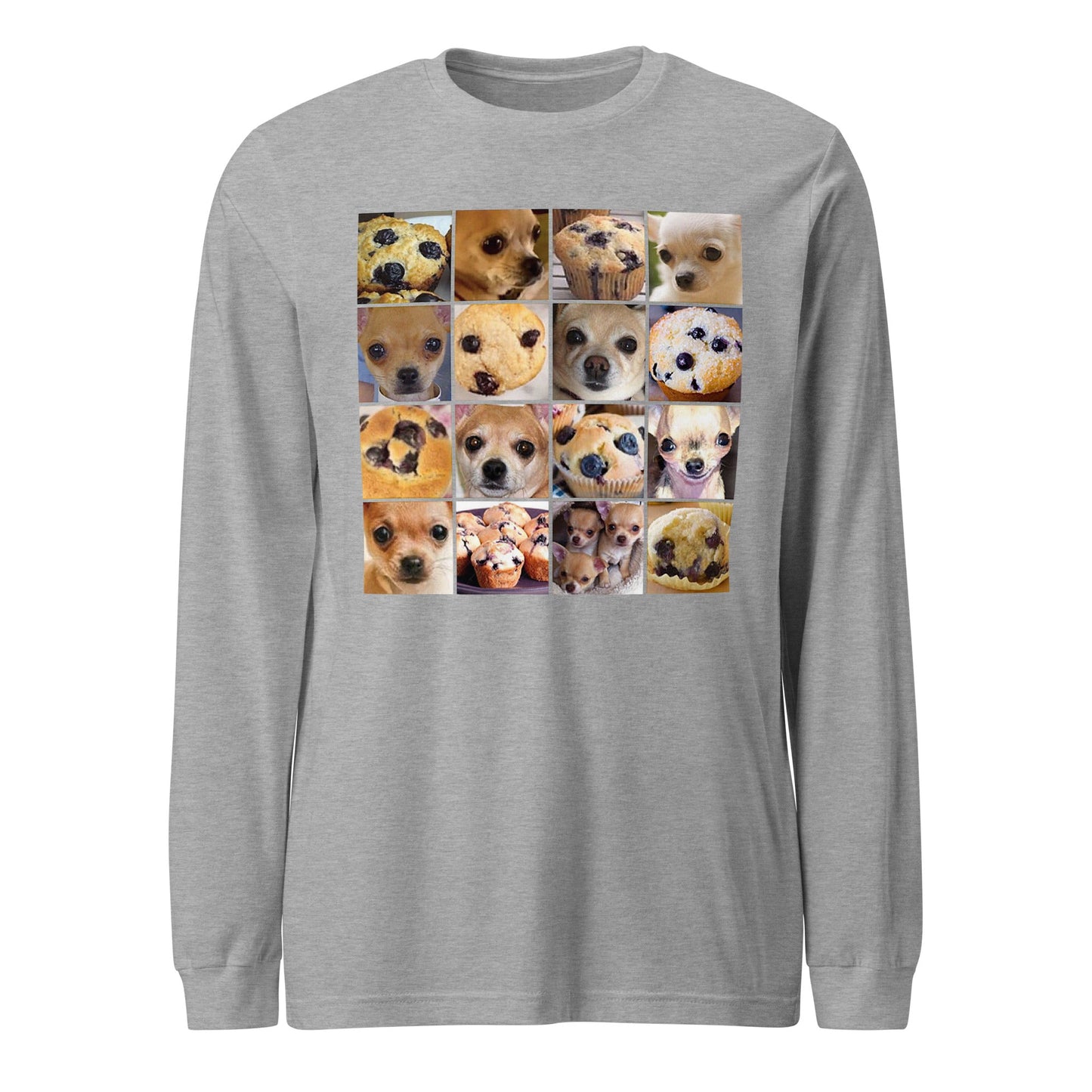 Image of the Is it a Blueberry Muffin or is it a Chihuahua? Long Sleeve T-Shirt (unisex) Athletic Heather / XS.