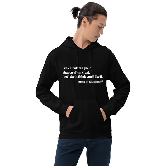 Product mockup photo of the I’ve calculated your chance of survival but... Marvin Quote Hoodie (unisex).