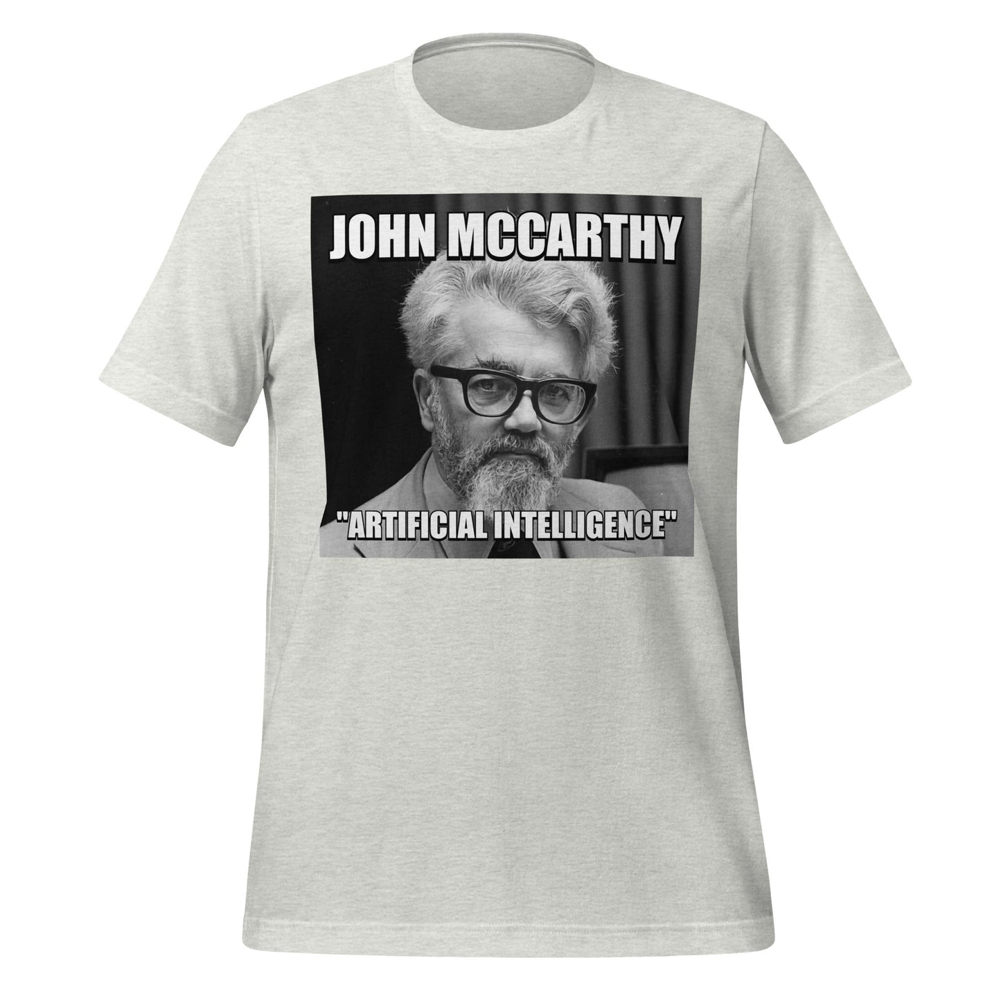 Product mockup photo of the John McCarthy ’Artificial Intelligence’ T Shirt (unisex) Ash / M.