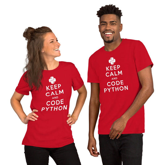 Product mockup photo of the KEEP CALM AND CODE PYTHON T Shirt (unisex).