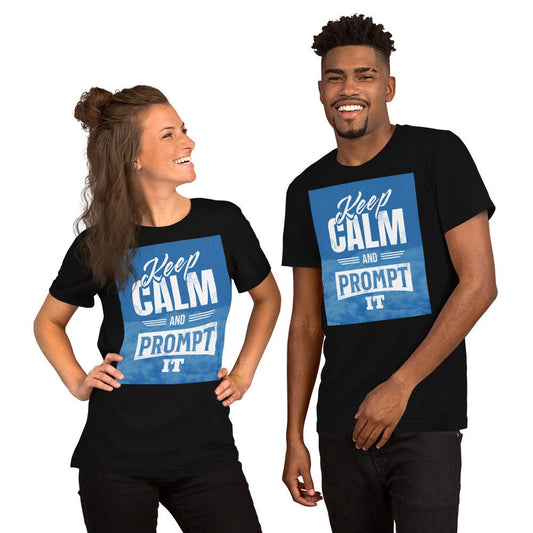 Product mockup photo of the Keep Calm and Prompt It T Shirt (unisex).