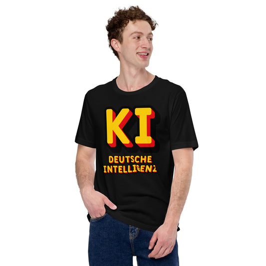 Product mockup photo of the KI Deutsche Intelligenz T Shirt (unisex).