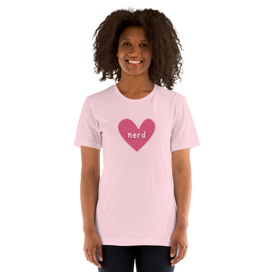 Product mockup photo of the Love Nerd Heart T Shirt (unisex).