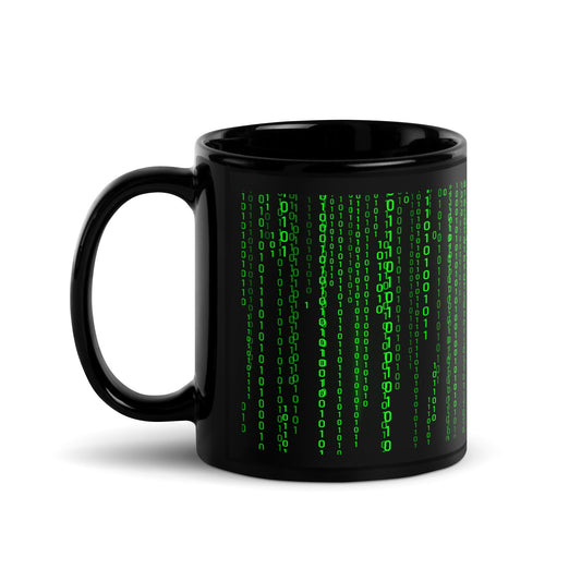 Image of the Matrix Falling Binary Black Glossy Mug.