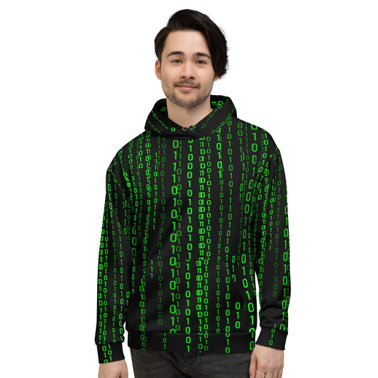 Product mockup photo of the Matrix Falling Binary Hoodie (unisex).