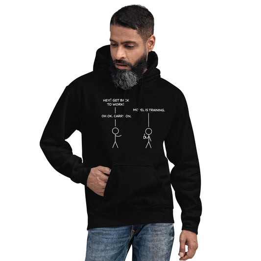 Mockup image of the Model is Training Hoodie (unisex).