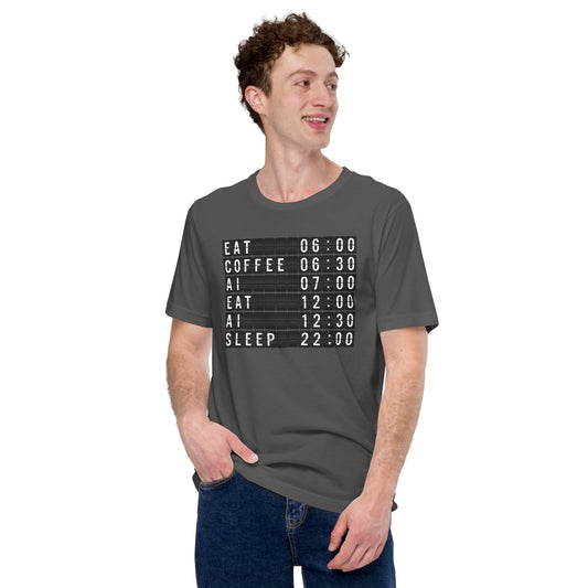 Product mockup photo of the My Daily AI Schedule T Shirt (unisex).