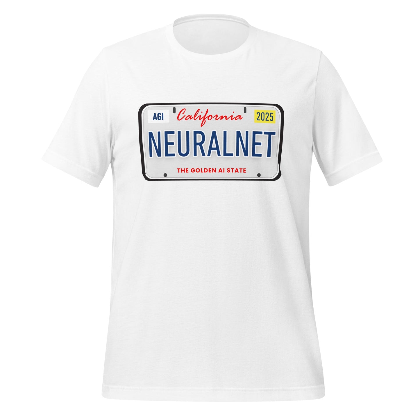 Product mockup photo of the NEURALNET License Plate T Shirt (unisex) White / M.