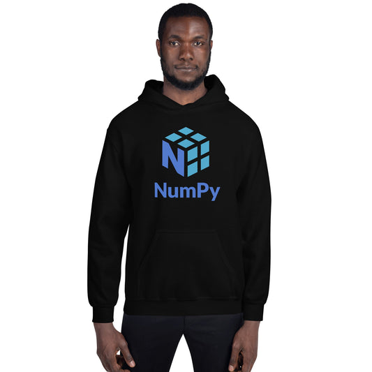 Product mockup photo of the NumPy Stacked Logo Hoodie (unisex).