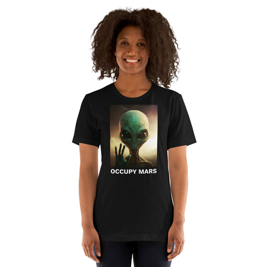 Product mockup photo of the Occupy Mars T Shirt 2 (unisex).