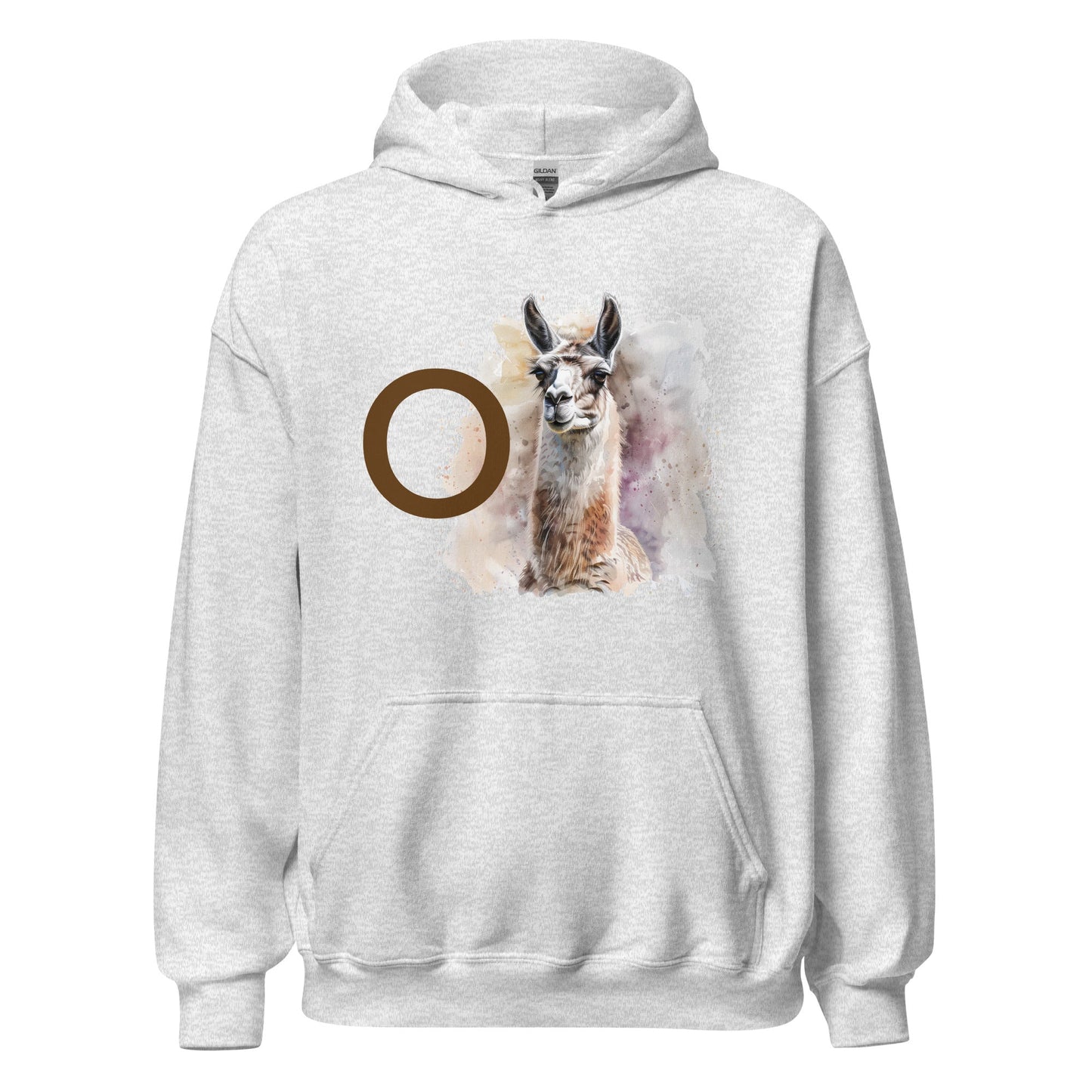 Product mockup photo of the OLlama Hoodie (unisex) Ash / M.