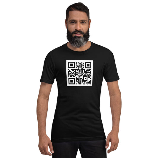 Product mockup photo of the OpenAI QR Code T Shirt (unisex).