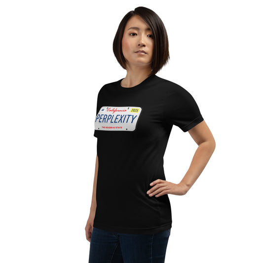 Product mockup photo of the PERPLEXITY License Plate T Shirt (unisex).