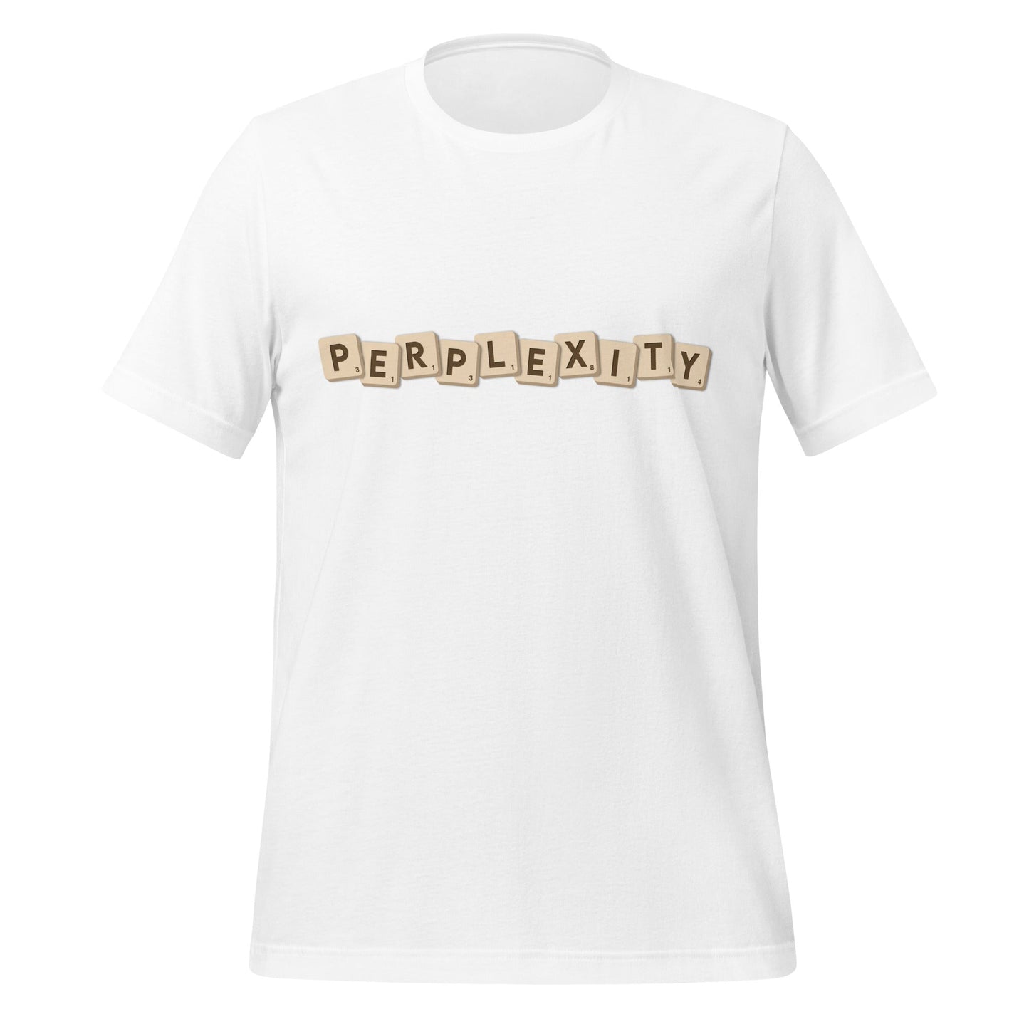 Product mockup photo of the PERPLEXITY Scrabble T Shirt (unisex) White / M.