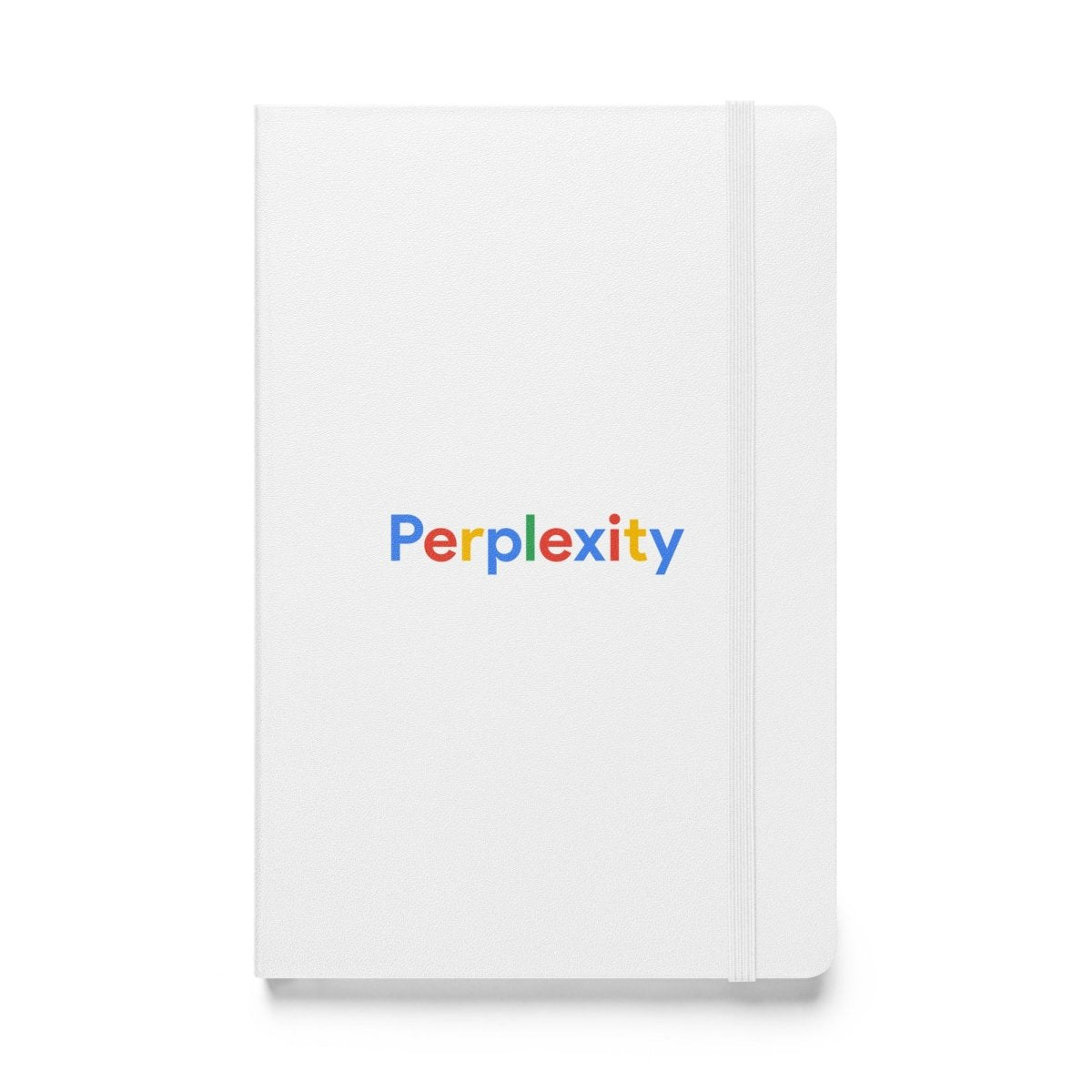Product mockup photo of the Perplexity Search Logo Hardcover Bound Notebook White.
