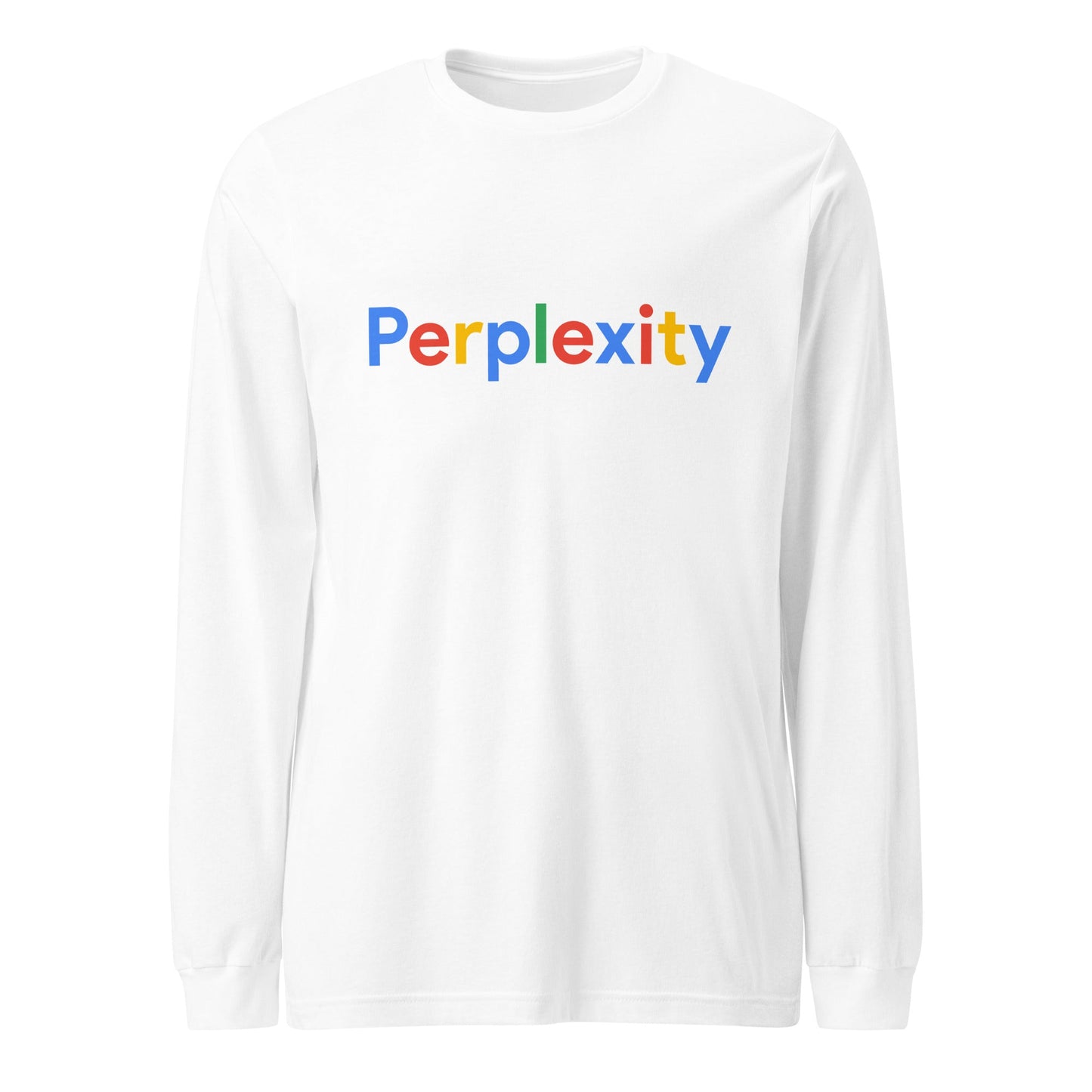Product mockup photo of the Perplexity Search Logo Long Sleeve T Shirt (unisex) White / M.