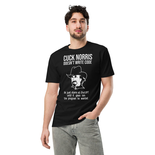 Mockup image of the Premium Chuck Norris Doesn’t Code T Shirt (unisex).