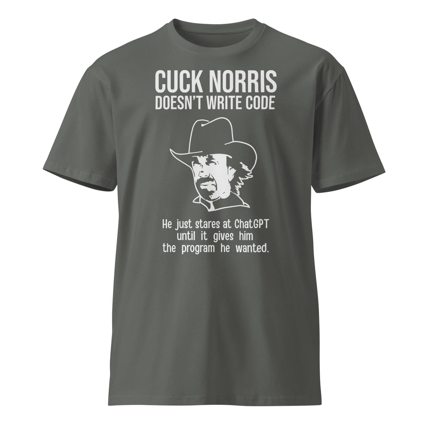 Mockup image of the Premium Chuck Norris Doesn’t Code T Shirt (unisex) Charcoal / M.